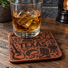 Load image into Gallery viewer, Leather Texas Themed Coaster Set - Laser Engraved, 4 or 6 pack