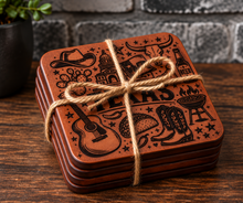 Load image into Gallery viewer, Leather Texas Themed Coaster Set - Laser Engraved, 4 or 6 pack
